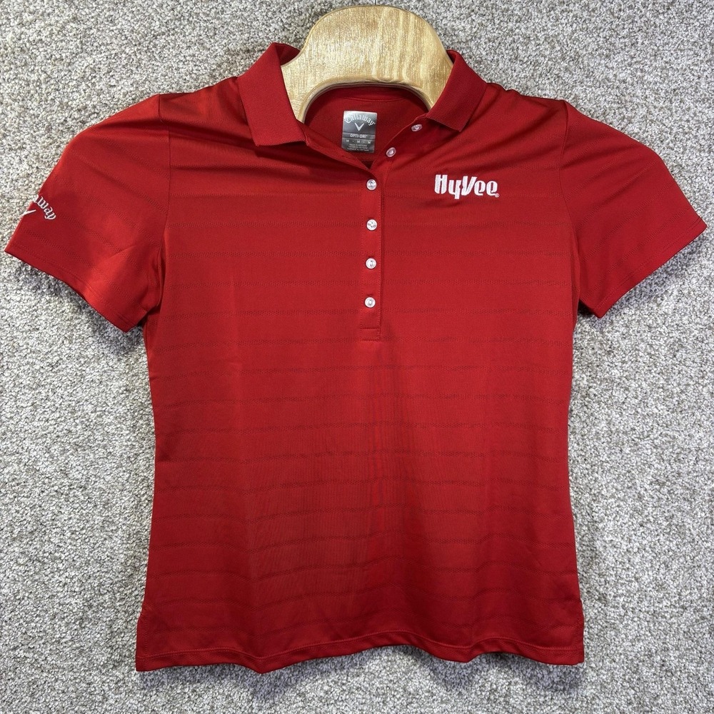 Callaway Polo Shirt Womens Medium Red Striped Hy-Vee Opti-Dri Golf Performance